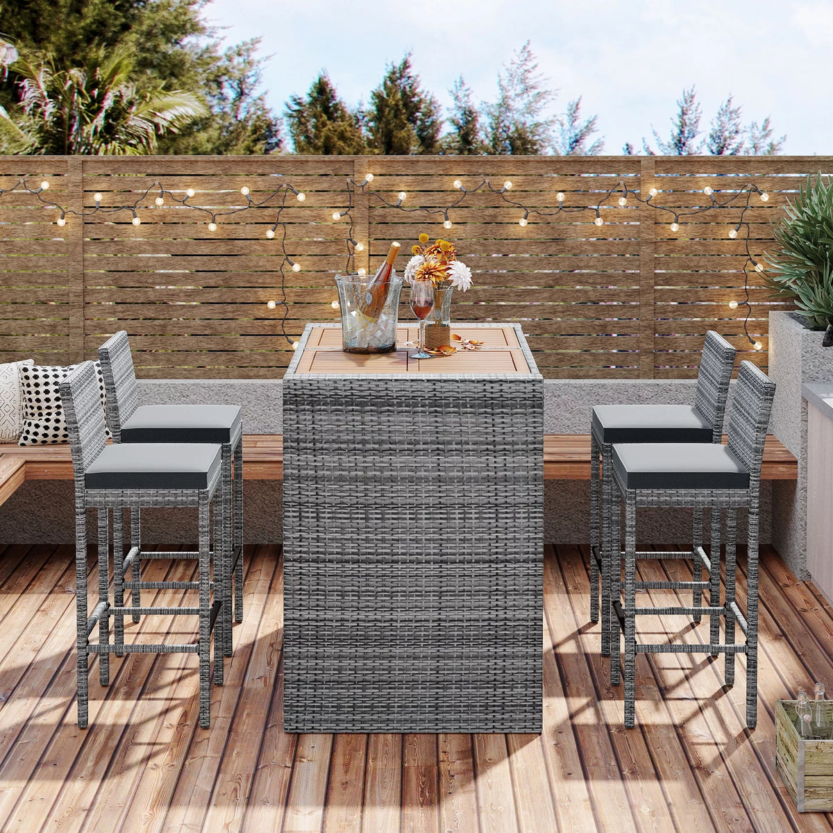 5 Pcs Gray Wicker Patio Bar Dining Table Set U8636