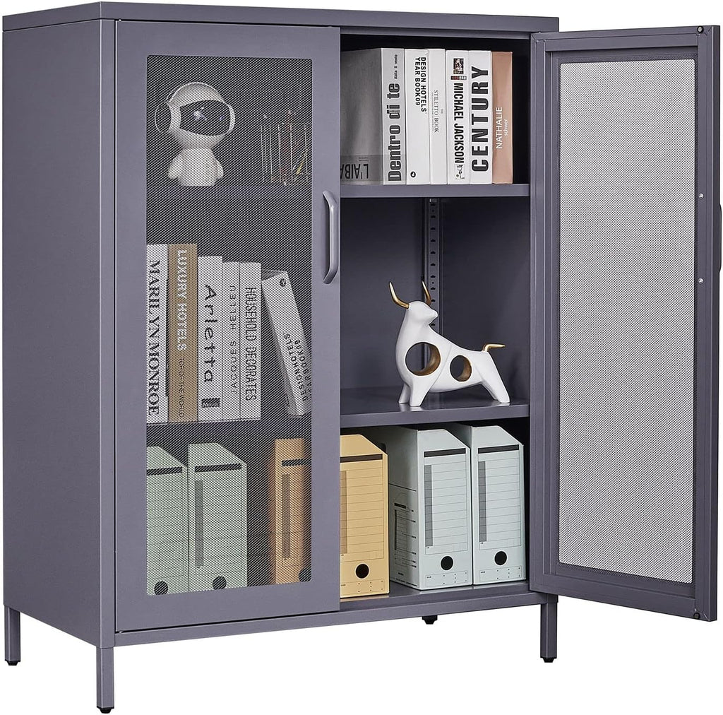 Black Metal Storage Cabinet with 2 Adjustable Shelves and Lock I78938