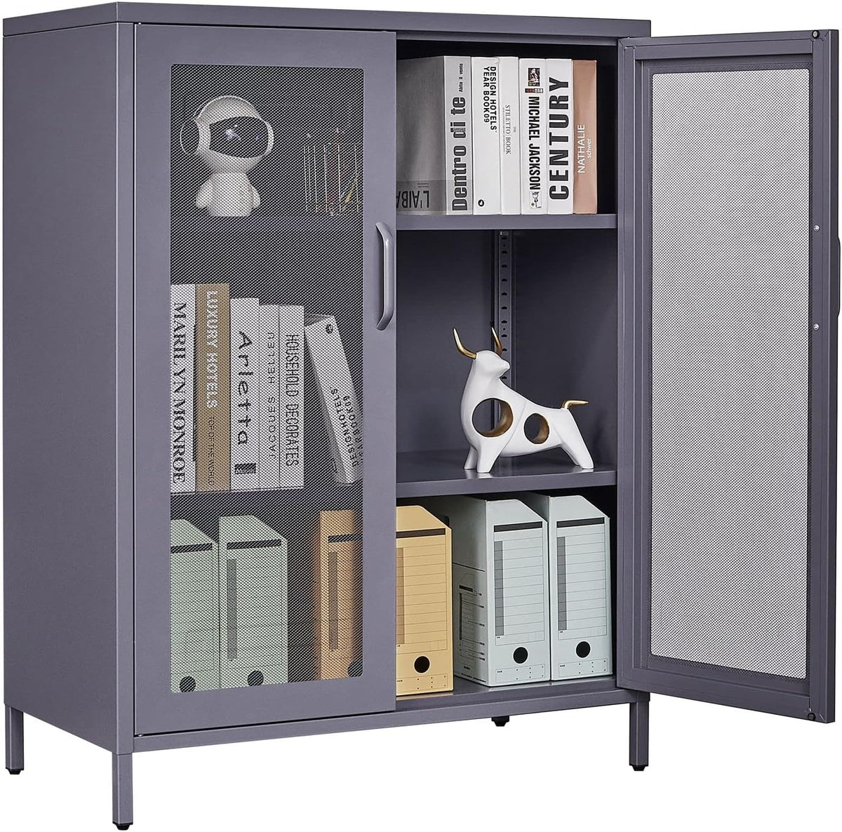 Black Metal Storage Cabinet with 2 Adjustable Shelves and Lock I78938