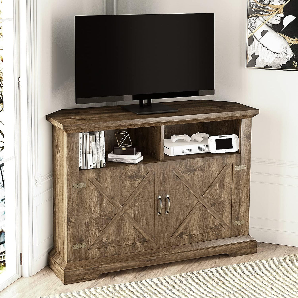 44'' Farmhouse Corner TV Stand with Double Doors & Adjustable Shelves H4715