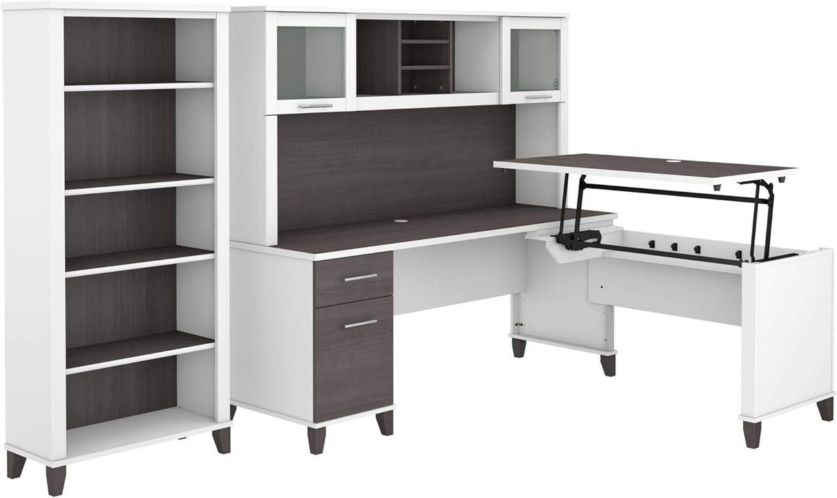72W L Shaped Sit to Stand Desk with Hutch and Bookcase B9142
