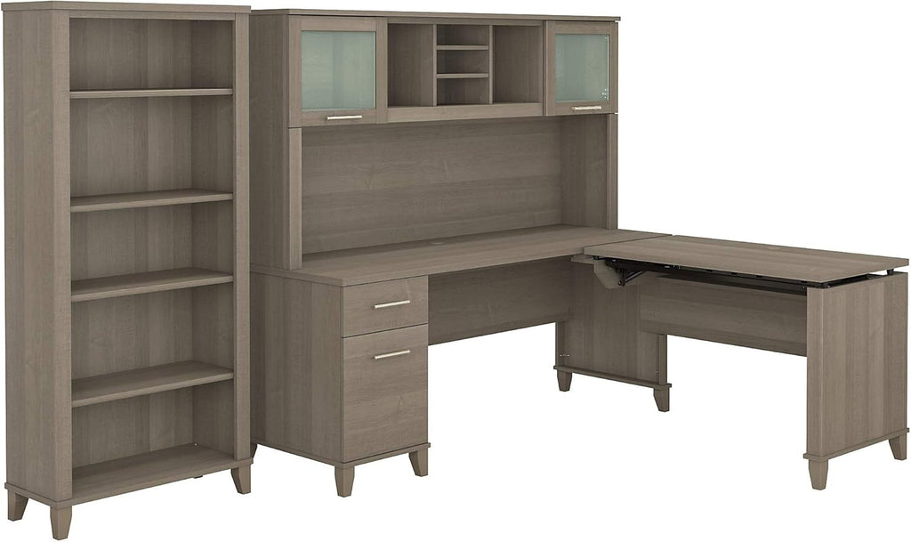 72W L Shaped Sit to Stand Desk with Hutch and Bookcase B9142