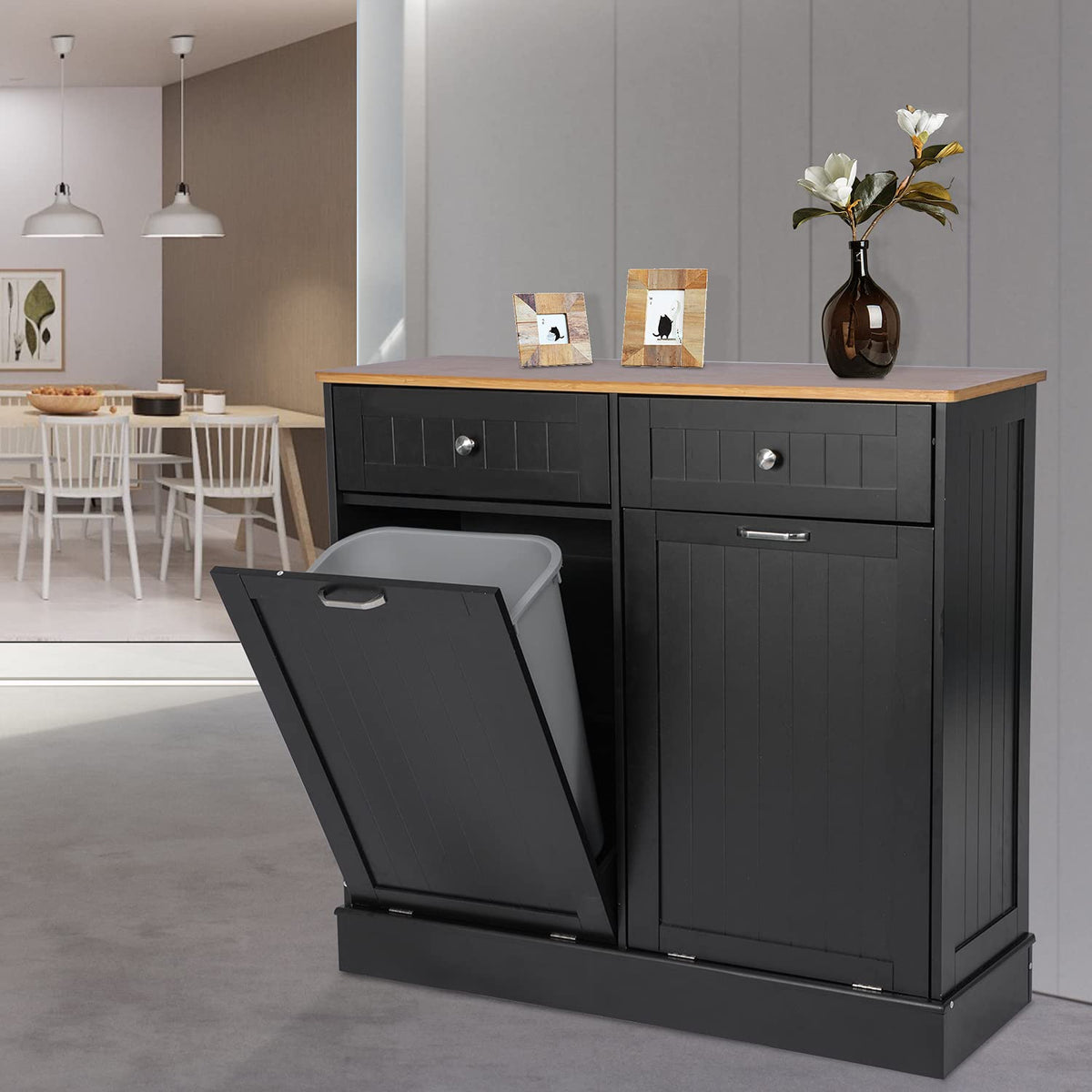 Double Tilt Out Trash Cabinet with Two Wood Drawers, Gray B59326