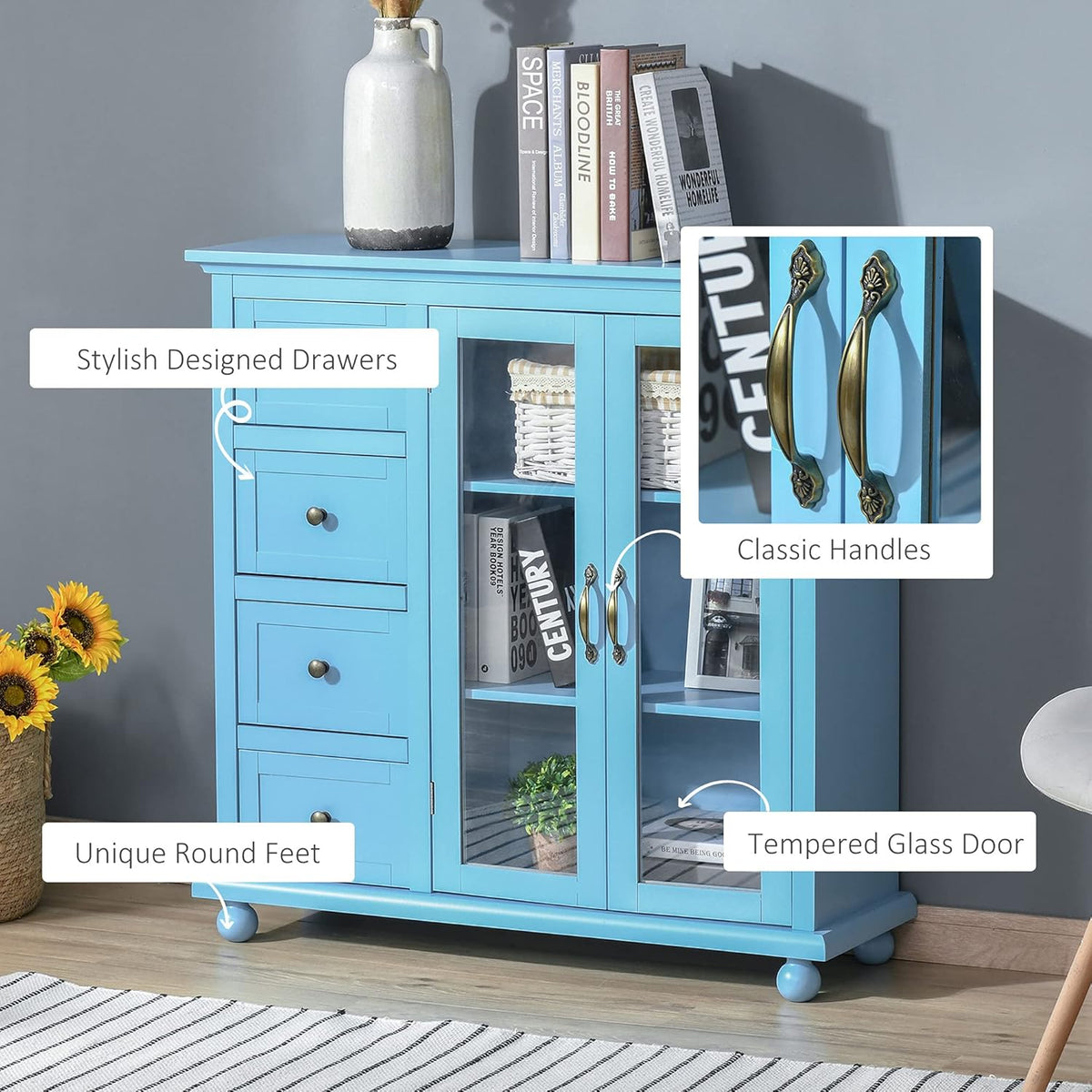 Storage Sideboard Cabinet with 4 Drawers and Glass Door Cupboard H180439