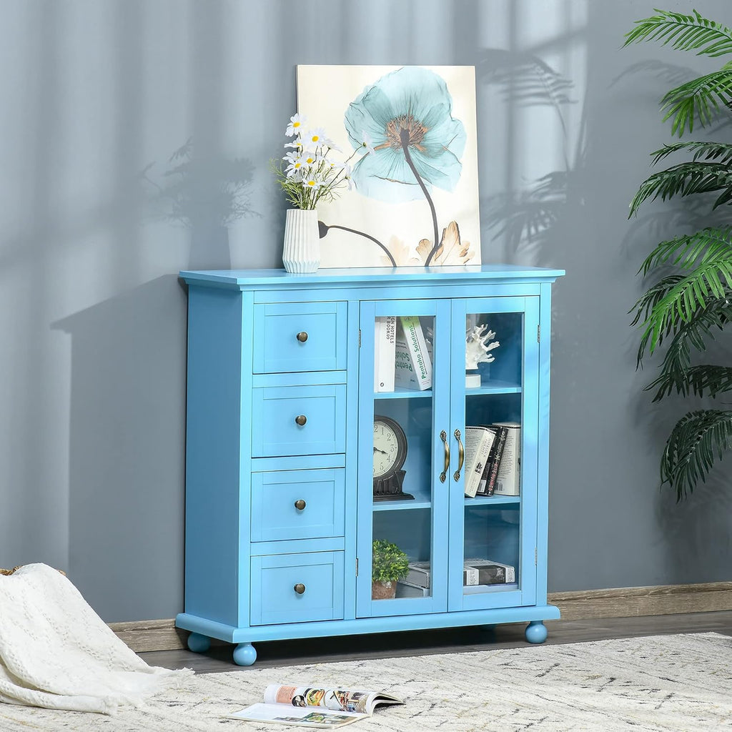 Storage Sideboard Cabinet with 4 Drawers and Glass Door Cupboard H180439