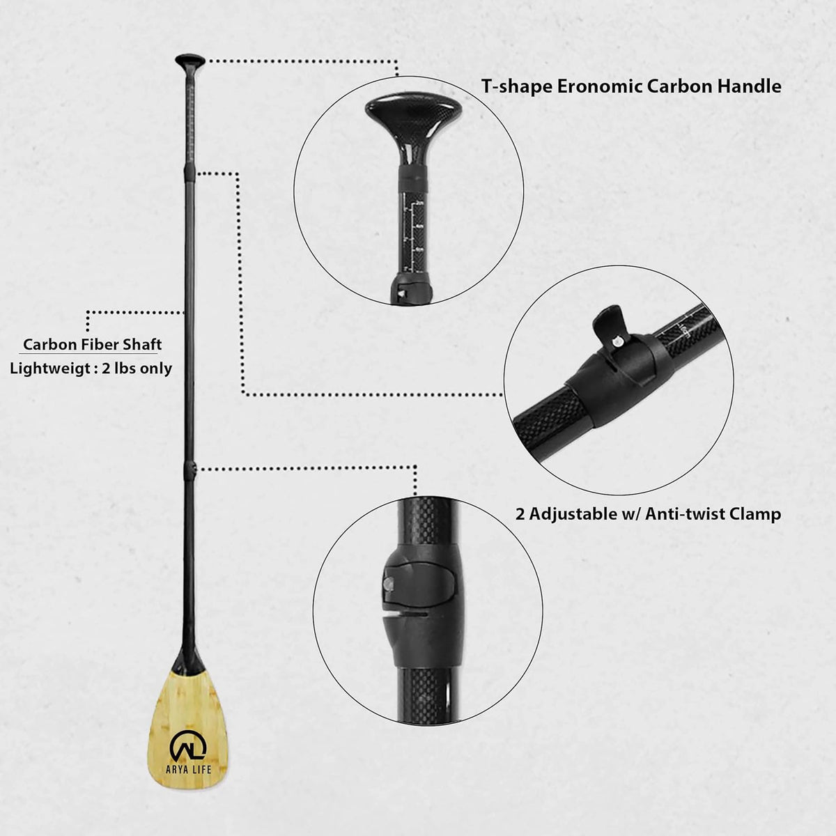 3 Piece Adjustable Fiberglass Carbon Fiber SUP Paddle B3379