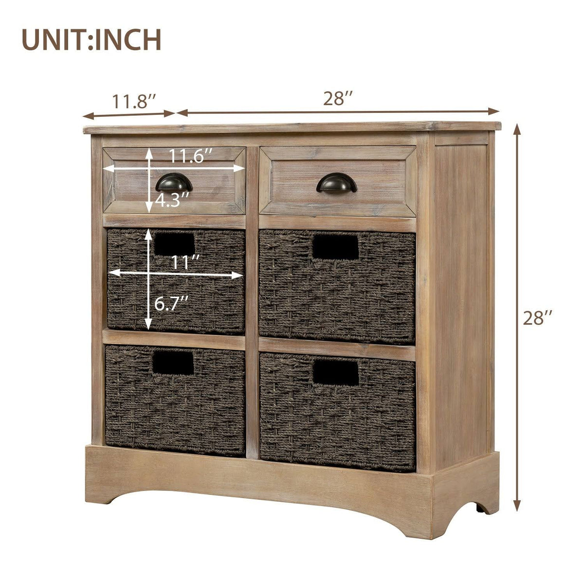Rustic Storage Cabinet with 2 Drawers and 4 Fabric Basket R4540