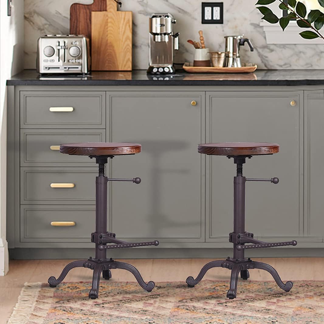Rustic Swivel Adjustable 22-26 Bar Stool Cast Iron Wooden Brown G40776