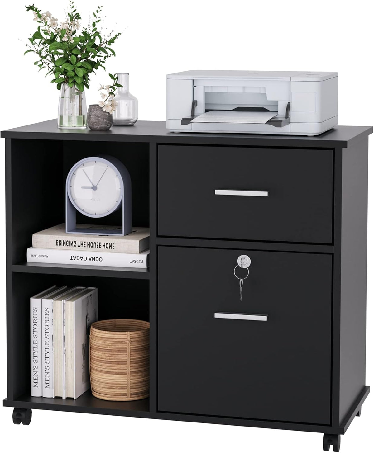 Black Wood File Cabinet with Lock and Drawers I26641