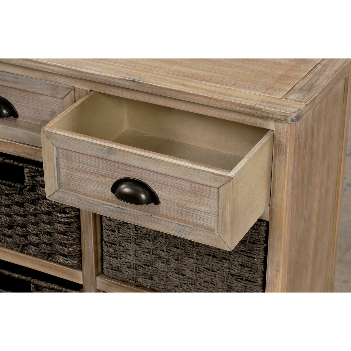 Rustic Storage Cabinet with 2 Drawers and 4 Fabric Basket R4540