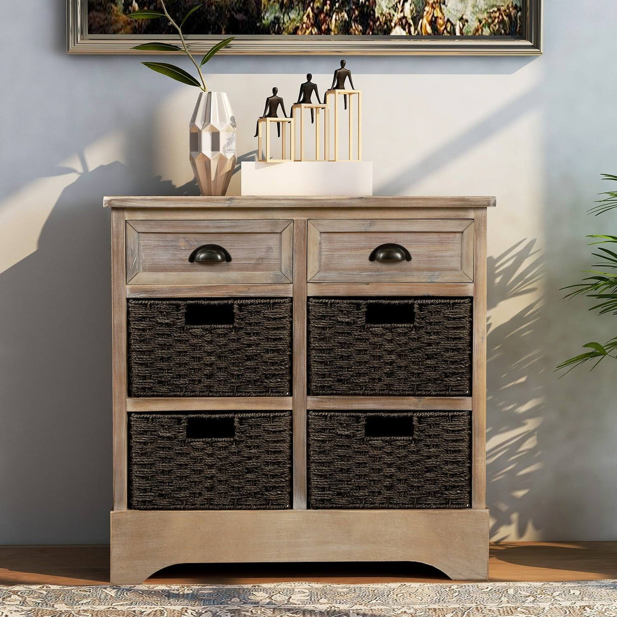Rustic Storage Cabinet with 2 Drawers and 4 Fabric Basket R4540