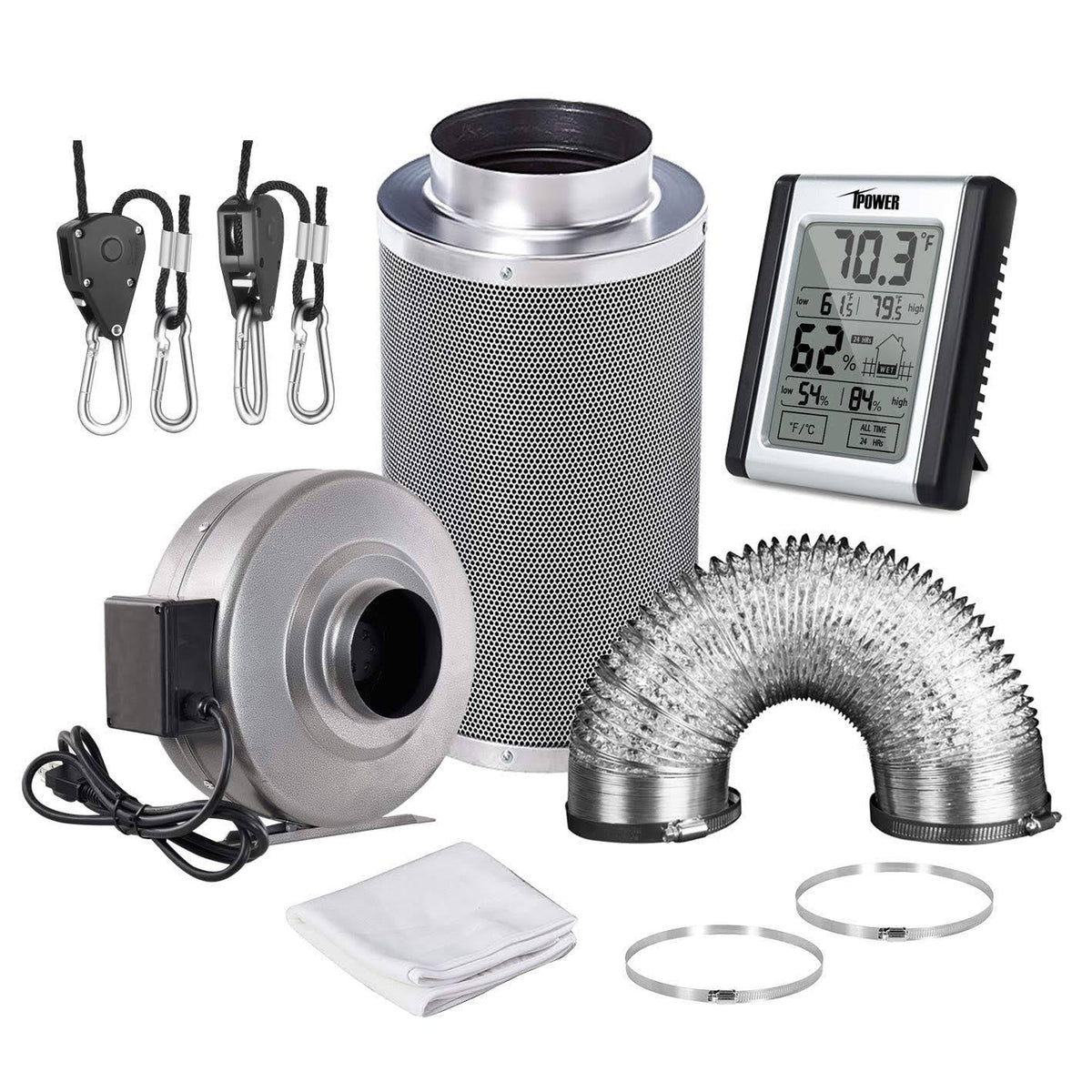 8 inch 750 CFM Inline Fan Carbon Filter 25 Feet Ducting Combo with Humidity Monitor, Grey O599697