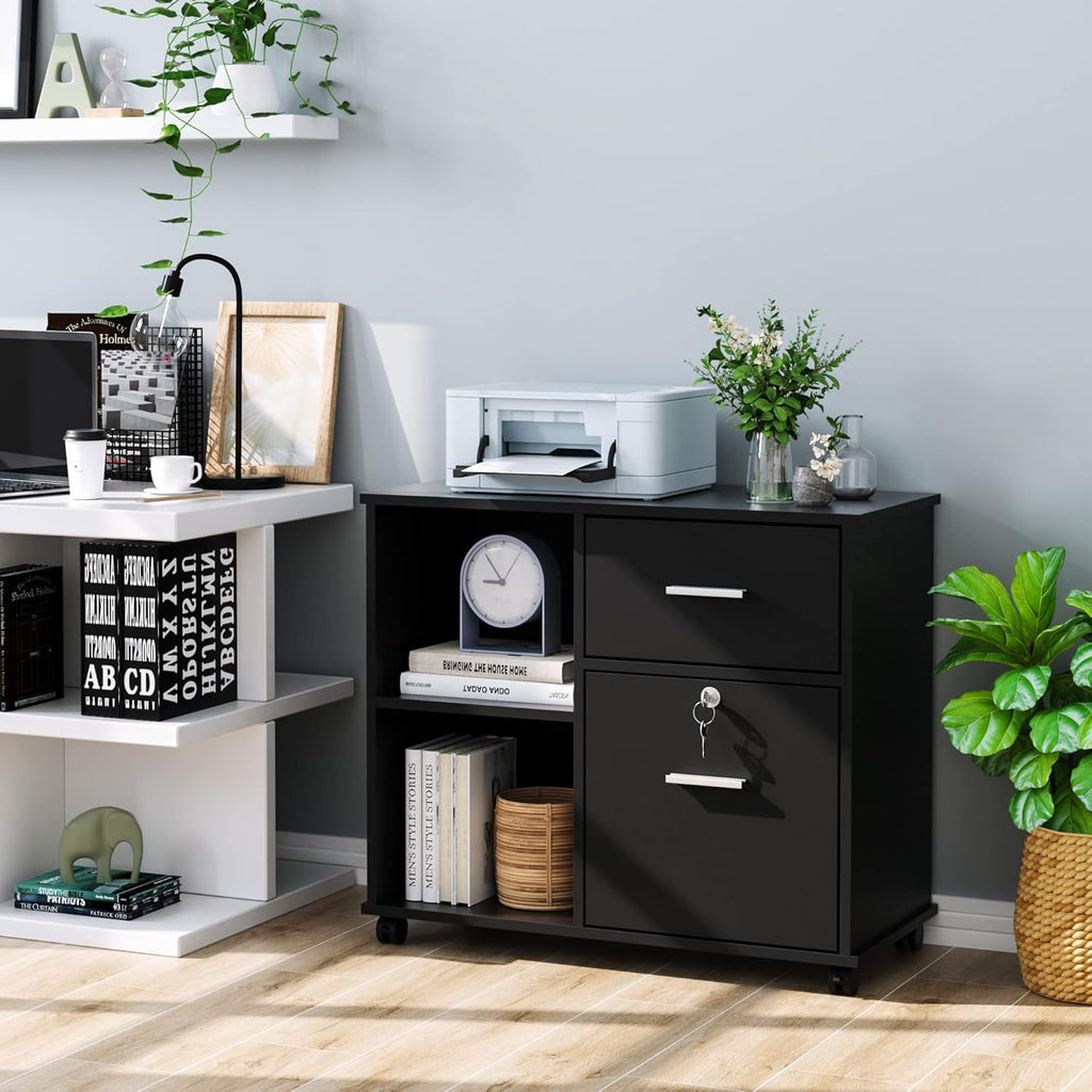 Black Wood File Cabinet with Lock and Drawers I26641