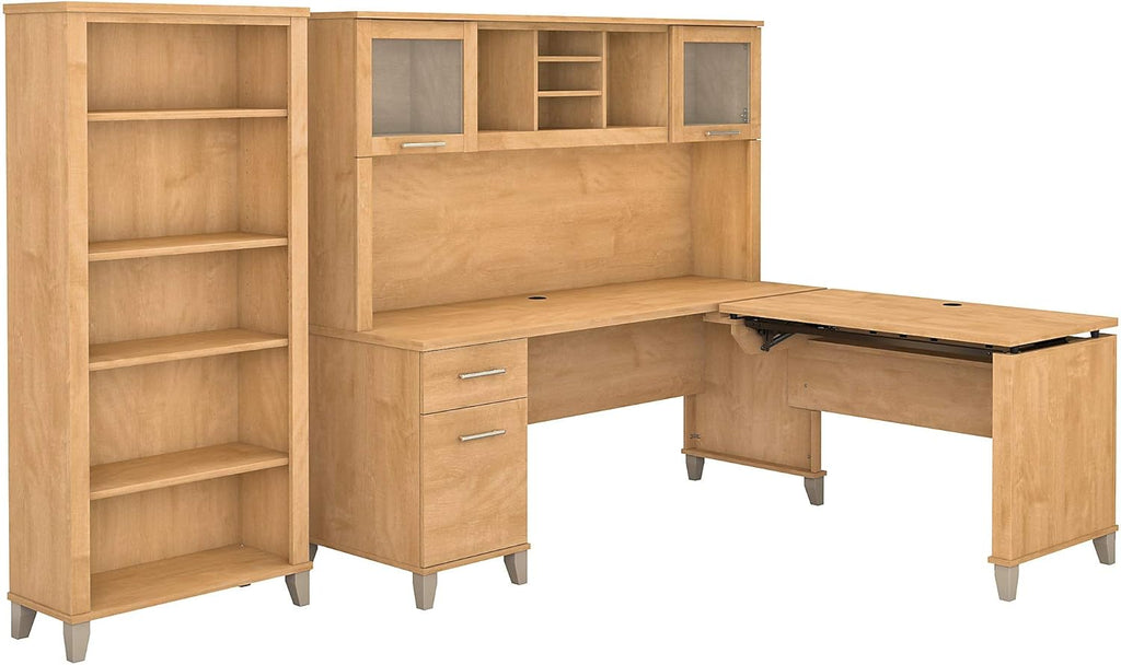 72W L Shaped Sit to Stand Desk with Hutch and Bookcase B9142