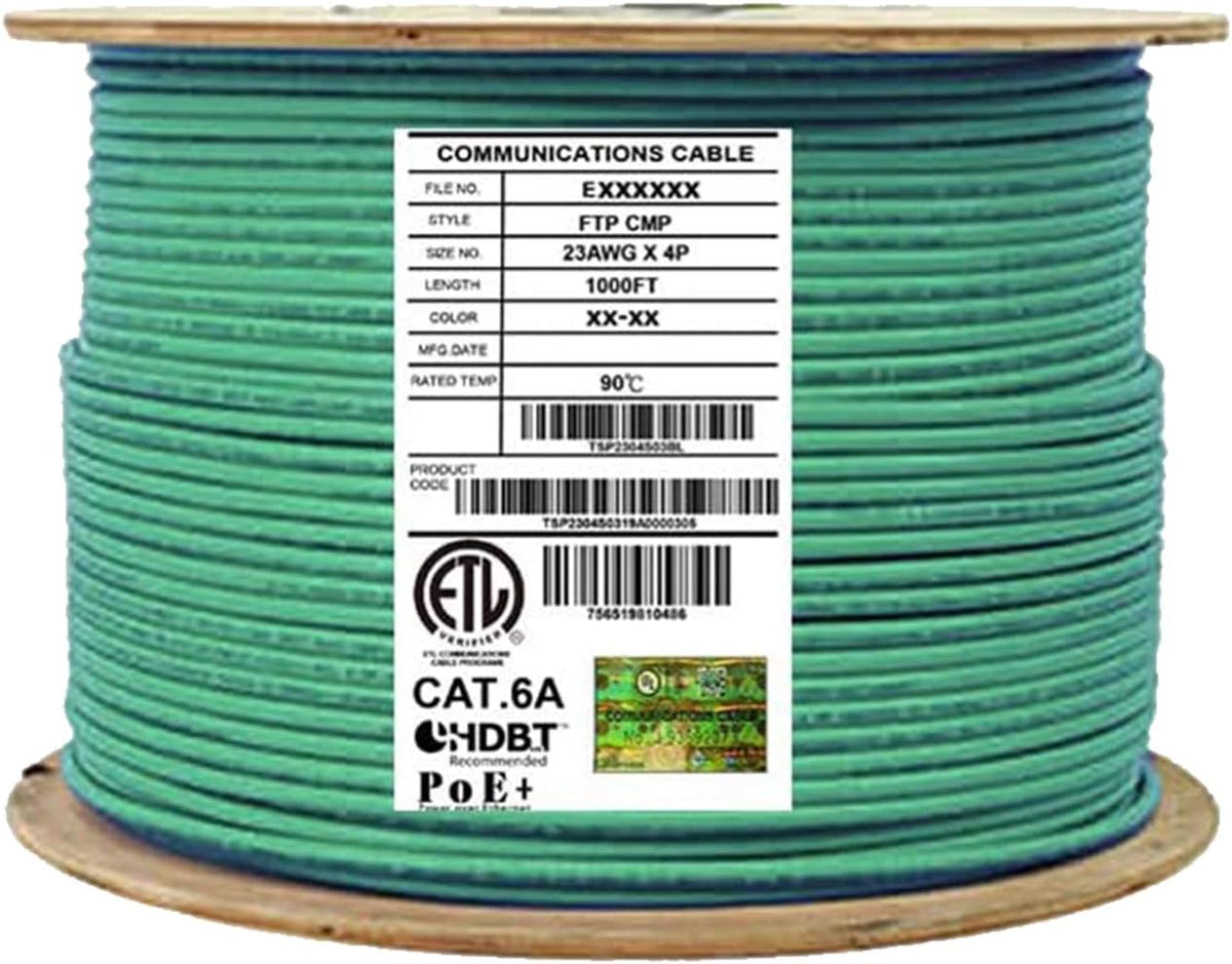 Cat6A Shielded Plenum 1000ft FTP 23AWG Solid Pure Copper Ethernet Cable Reel Blue D48960