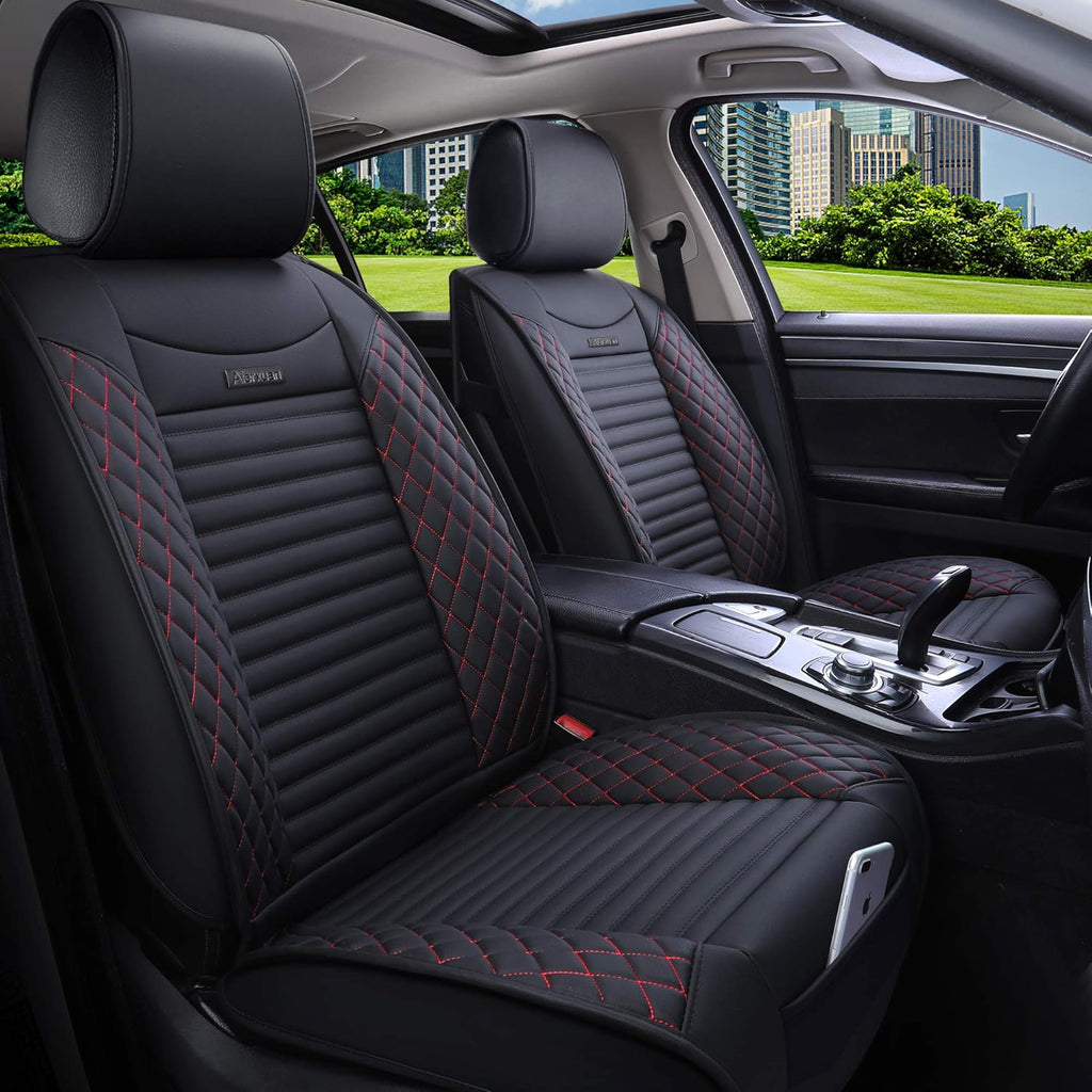 Front Drive Seat Covers Leather Car Seat Protector Waterproof Cushion Universal Fit 2 PCS Front Black-Red W119787
