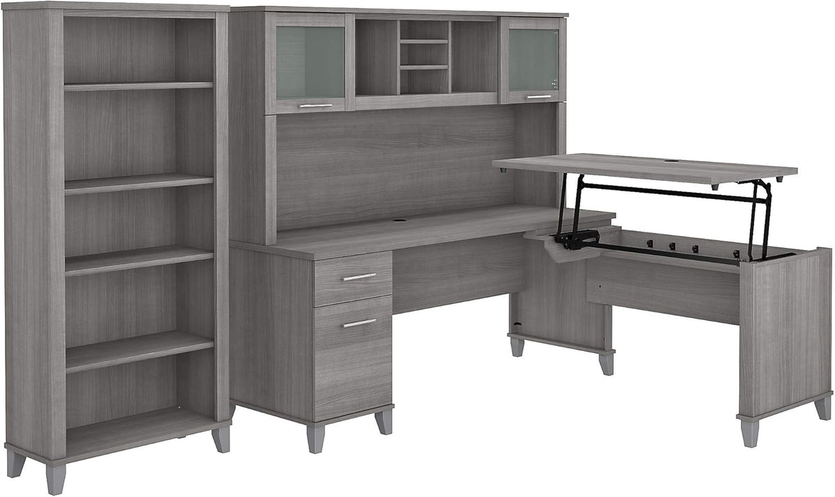 72W L Shaped Sit to Stand Desk with Hutch and Bookcase B9142