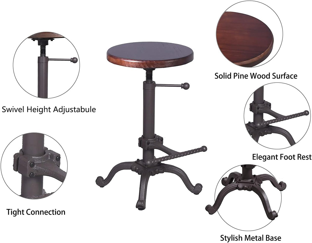 Rustic Swivel Adjustable 22-26 Bar Stool Cast Iron Wooden Brown G40776