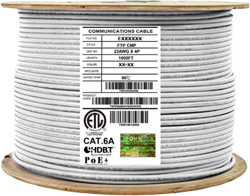 Cat6A Shielded Plenum 1000ft FTP 23AWG Solid Pure Copper Ethernet Cable Reel Blue D48960