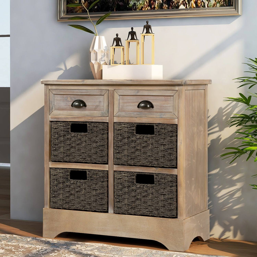 Rustic Storage Cabinet with 2 Drawers and 4 Fabric Basket R4540