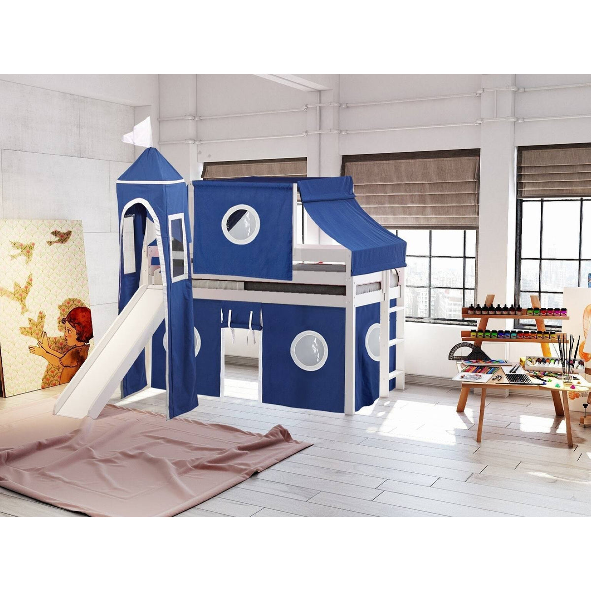 Low Loft Twin Bed with Slide and Tent and Tower, Gray W32616