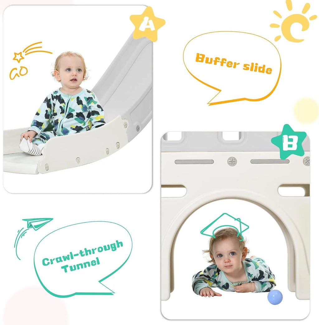 6 in 1 Kids Slide Set with Basketball Hoop and Tunnel, Green M9341