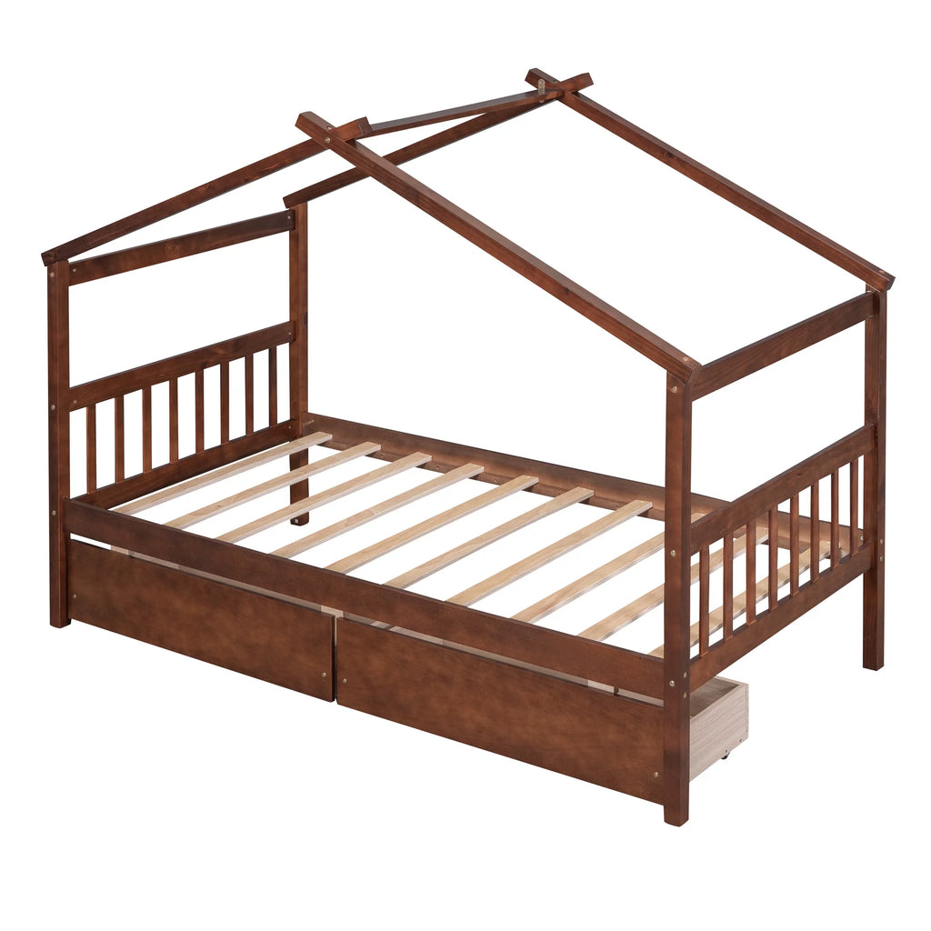 Wood Twin Size House Shaped Canopy Bed with Storage Drawers D625113