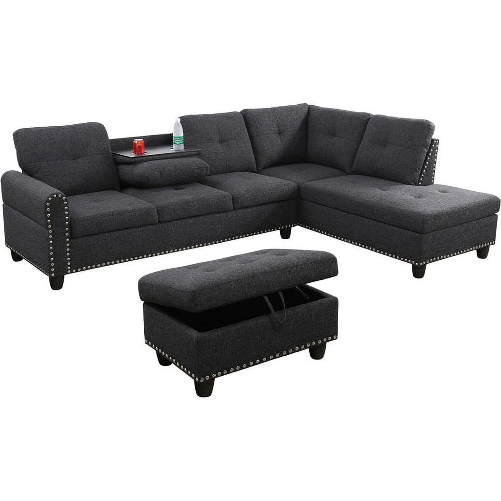 Black Gray Sectional and Ottoman V986
