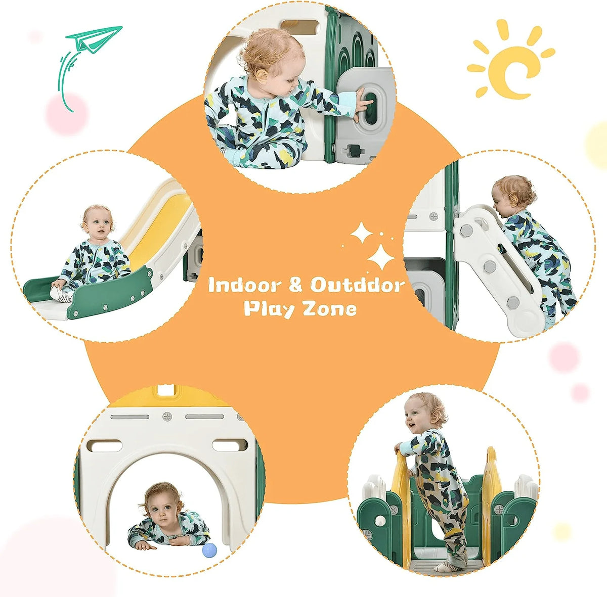 6 in 1 Kids Slide Set with Basketball Hoop and Tunnel, Green M9341