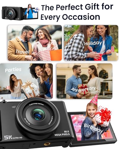 5K Digital Camera 64MP 18X Zoom 3" Flip Screen Dual-Lens Black F782764