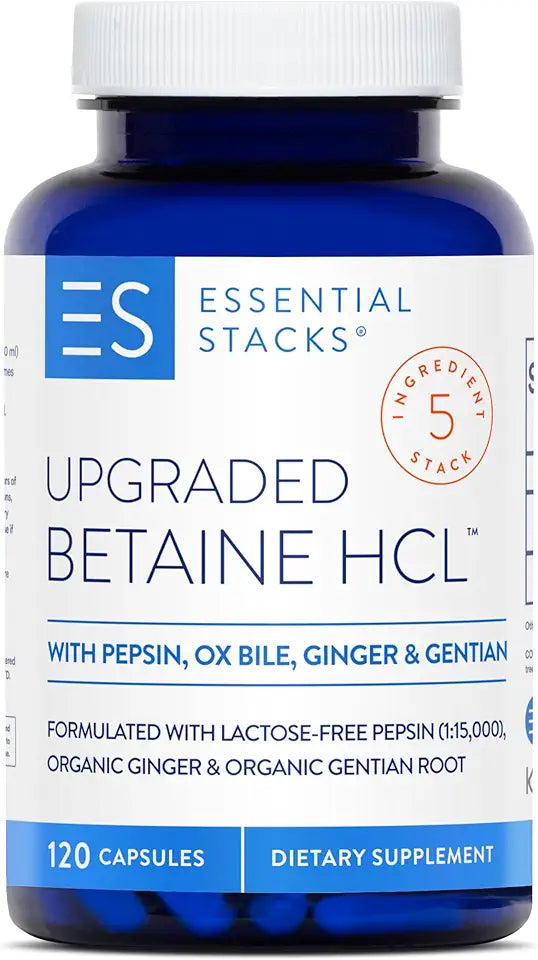 Betaine HCL with Pepsin, Ox Bile, Organic Gentian & Ginger 120 Capsules Q122