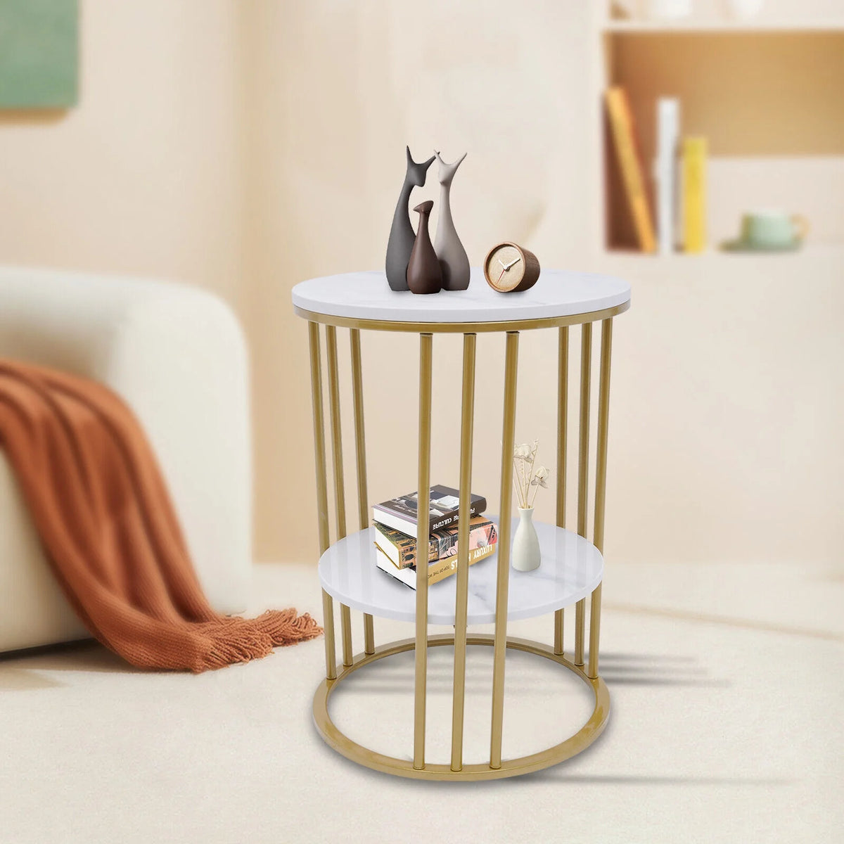Round Marble 2 Tier Gold Metal Accent Table X197