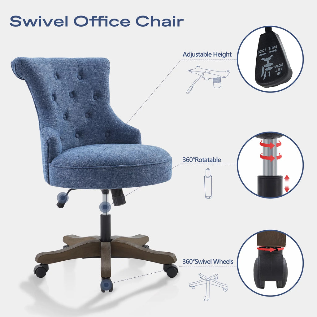 Blue Linen Fabric Swivel Office Chair with Wheels Z36642