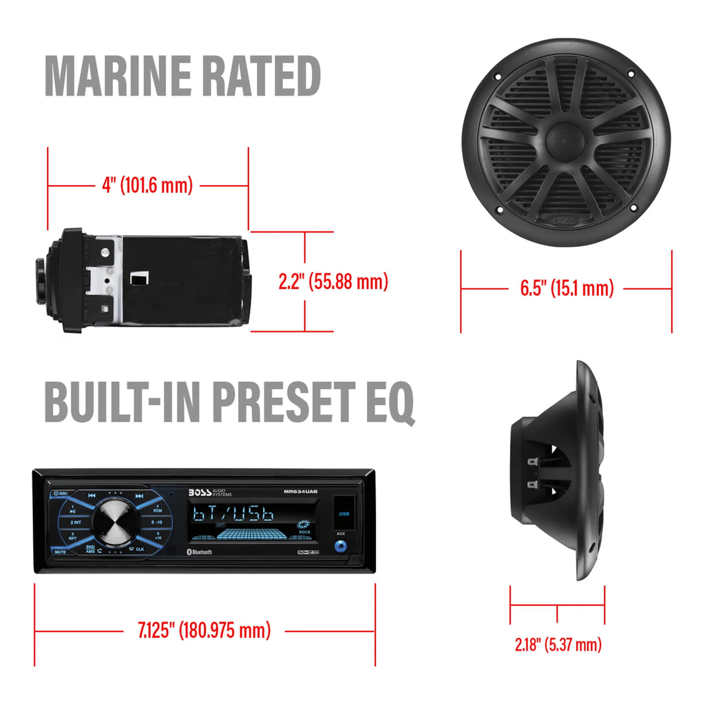 Single Din Bluetooth Marine Stereo with 6.5 Inch Speakers and Antenna Q15346