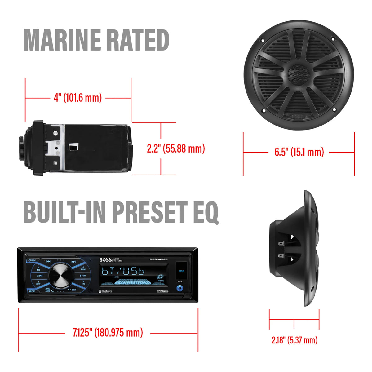 Single Din Bluetooth Marine Stereo with 6.5 Inch Speakers and Antenna Q15346