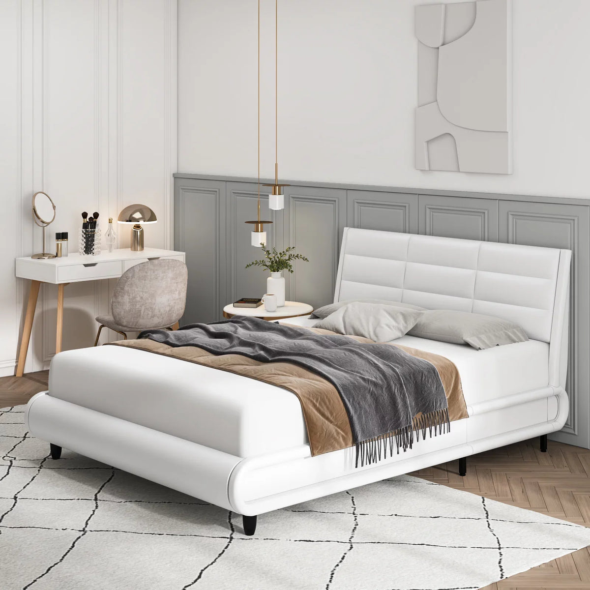 White Queen Size Upholstered Bed Frame with Adjustable Headboard N1005