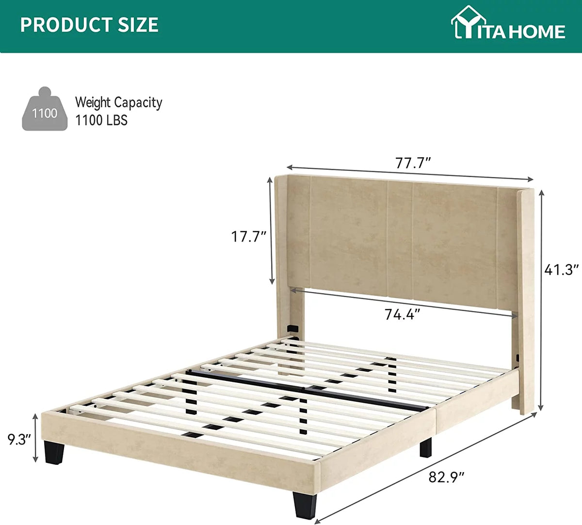 Beige Velvet Upholstered Queen Size Platform Bed Frame H524