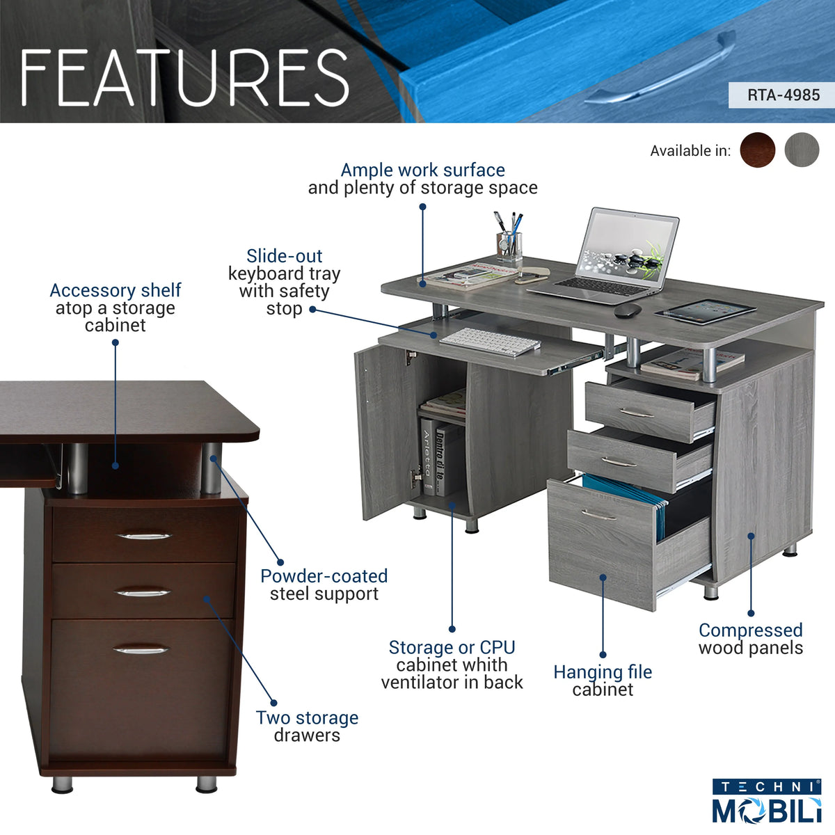 Chocolate Computer Workstation with Cabinet and Drawers C906