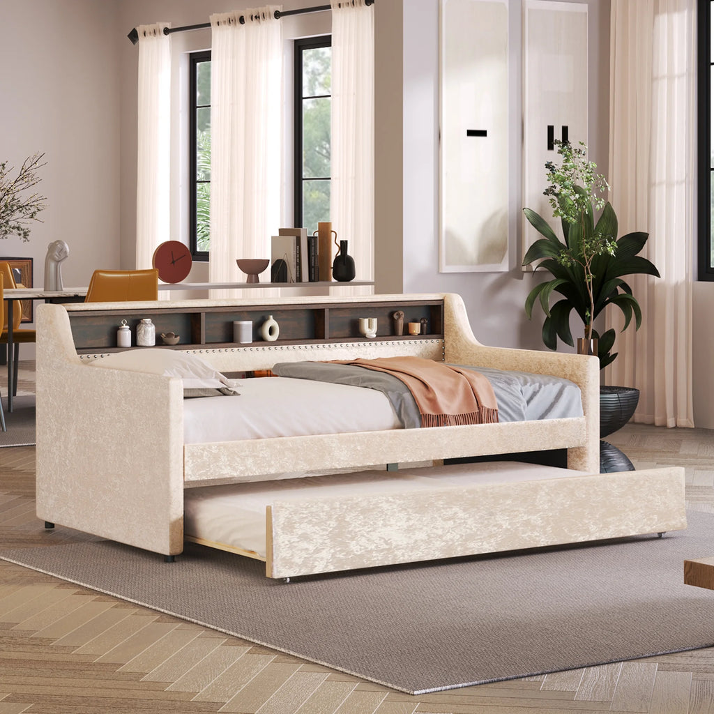 Beige Twin Size Velvet Daybed with Trundle and Storage Shelves W1770