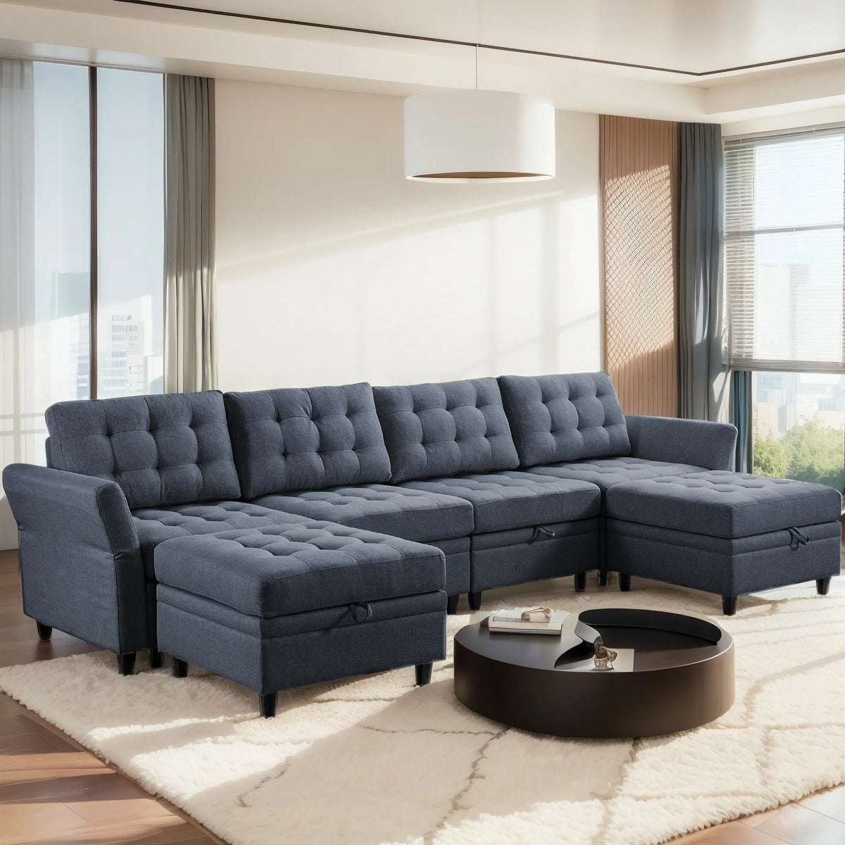 Dark Grey Convertible Sectional Sofa with Storage Ottomans S8002