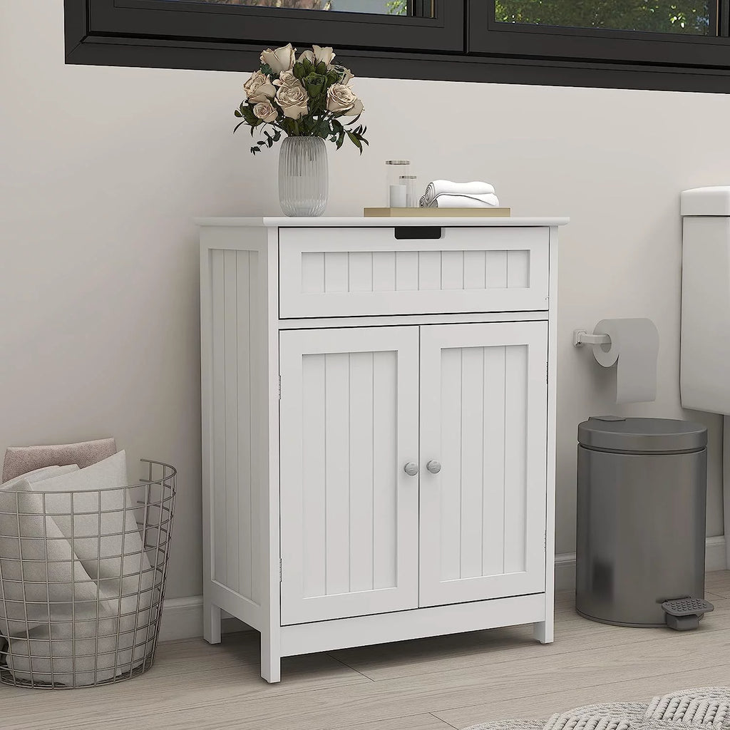 White 2 Door 1 Drawer Wood Bathroom Floor Cabinet K260