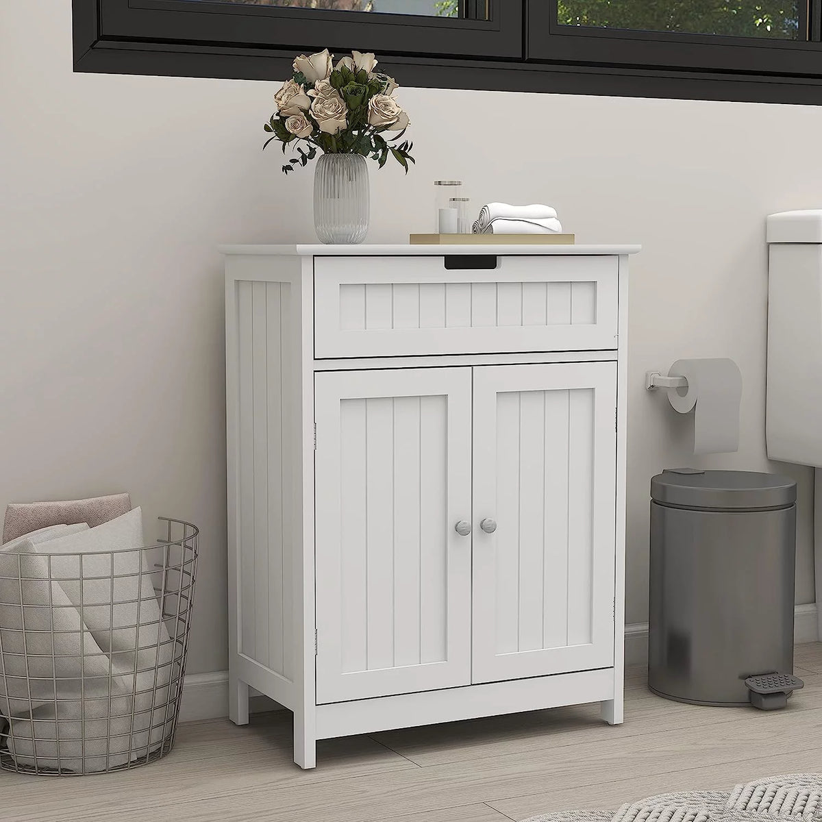 White 2 Door 1 Drawer Wood Bathroom Floor Cabinet K260