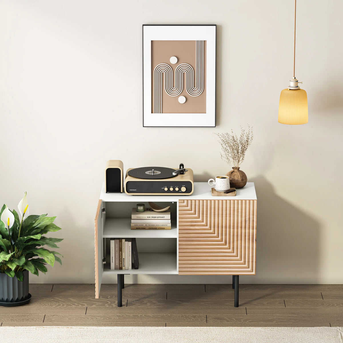 Mid Century Poplar Wood Sideboard Buffet Cabinet with Doors E6981