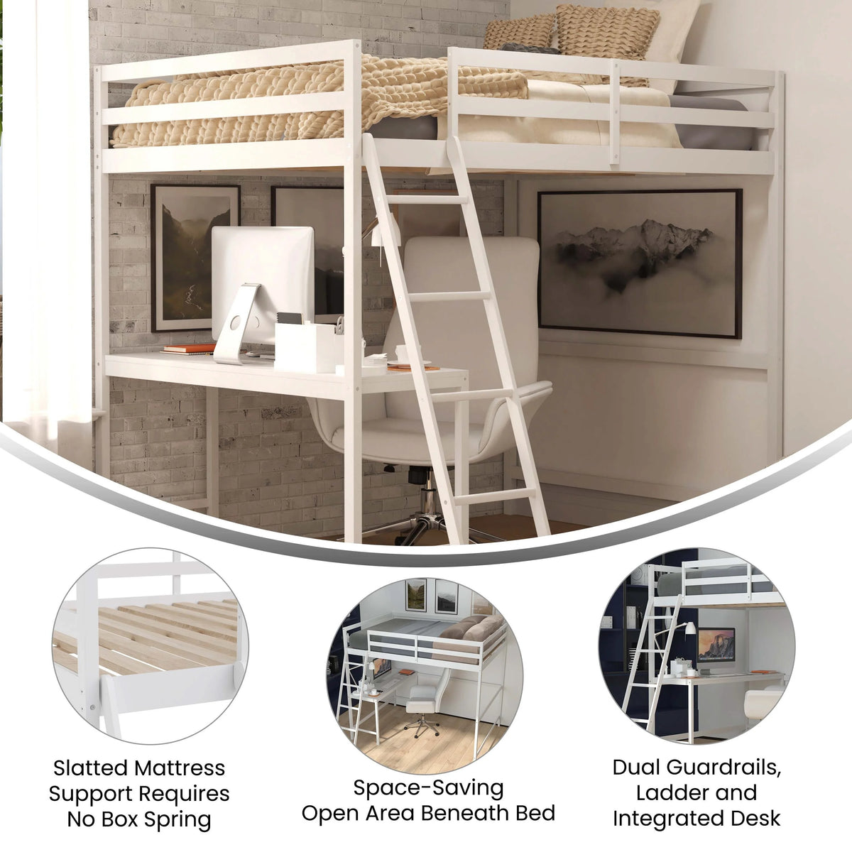 White Wood Loft Bed with Desk & Ladder K764