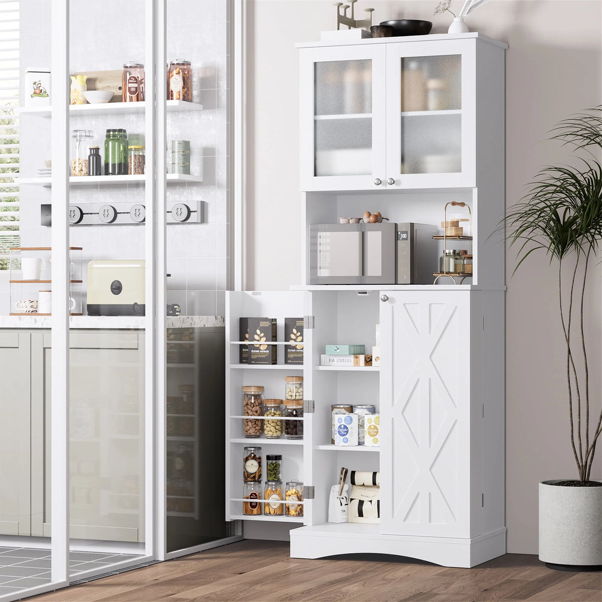 63'' White 4 Door Kitchen Storage Cabinet with Adjustable Shelves K977