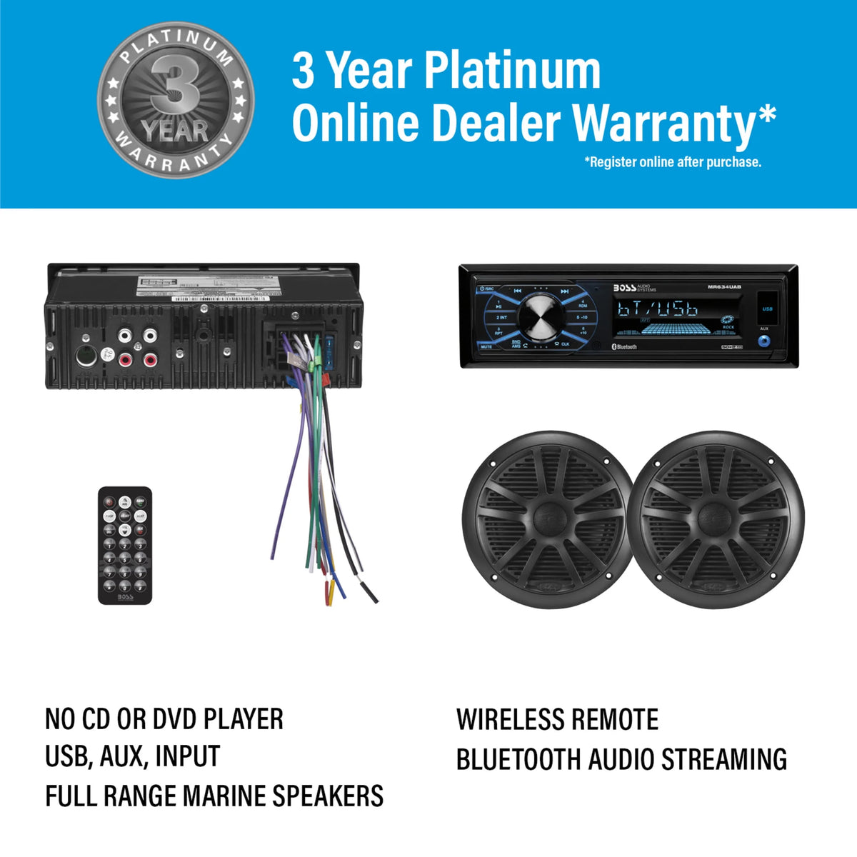 Single Din Bluetooth Marine Stereo with 6.5 Inch Speakers and Antenna Q15346