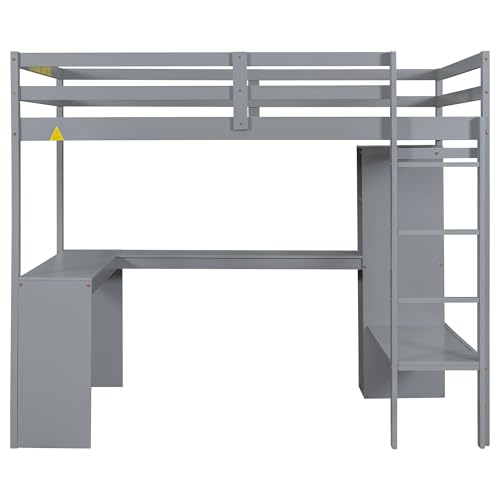 Grey Wood Full Size Loft Bed Frame with Desk, Wardrobe and Shelves Q49243