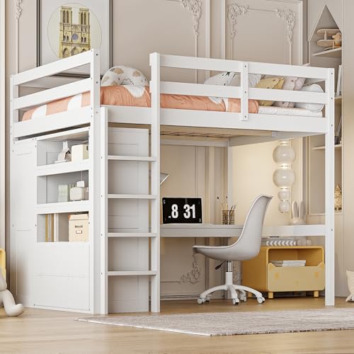 Full Size Wood Loft Bed with Desk and Wardrobe S89056