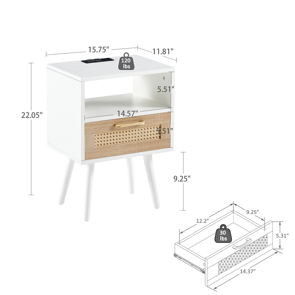 Rattan End Table with Power Outlet & USB Ports White Q189