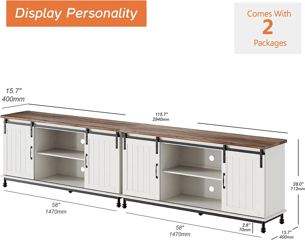 White Wood TV Stand with Sliding Barn Door W35966